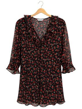 Bali Studio Rose Print Sheer Mini Dress Black Red Ruffle Y2K Whimsigoth Small